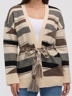 Stripe Tie Waist Jacquard Cardigan